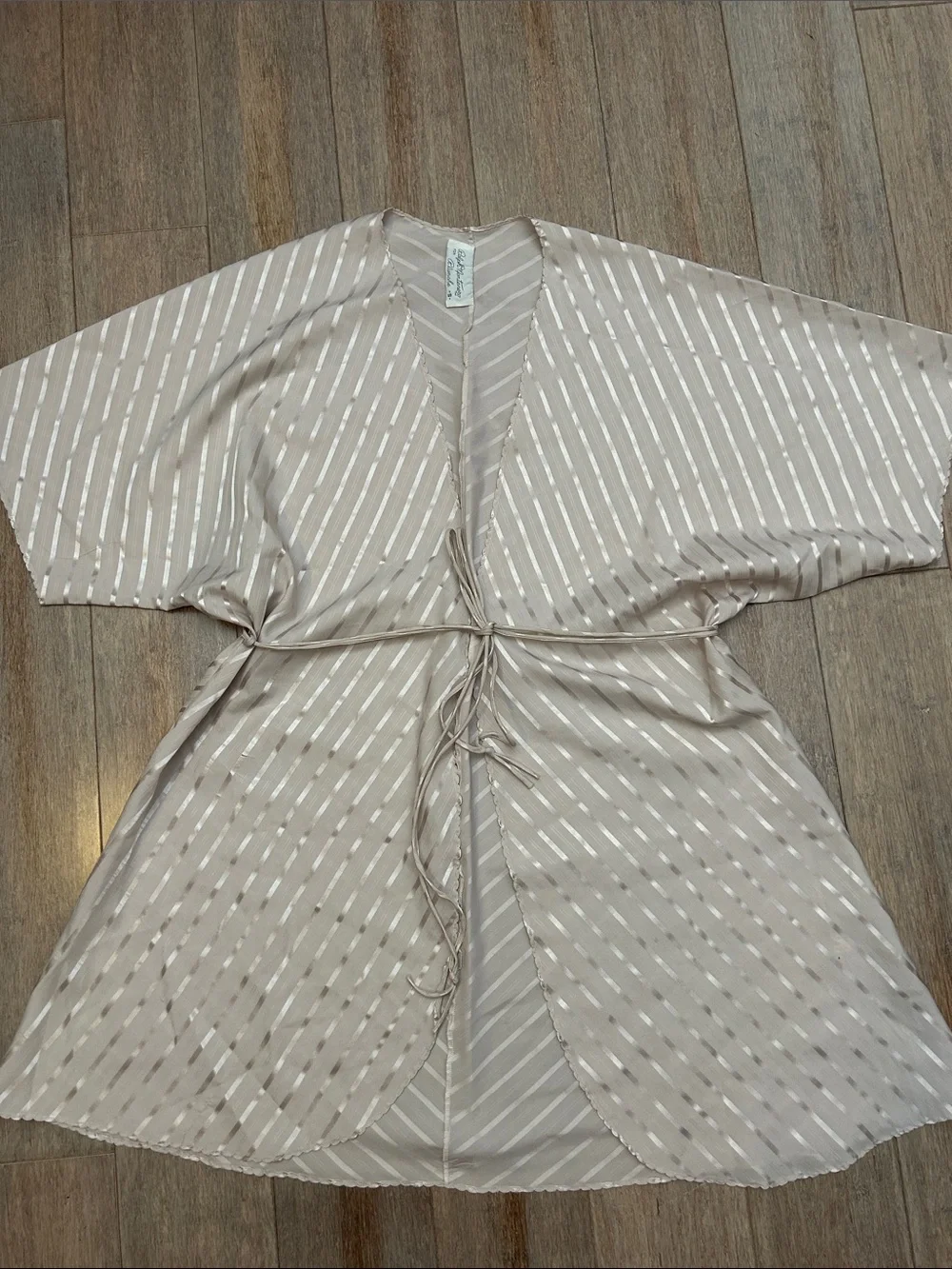 VTG Ralph Montenero Nylon Stripe Kimono Robe in Light Taupe with Tie Belt sz S